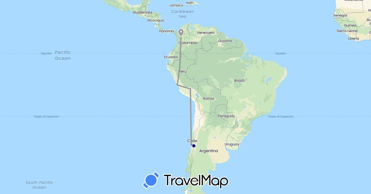 TravelMap itinerary: driving, plane in Chile, Colombia, Peru (South America)